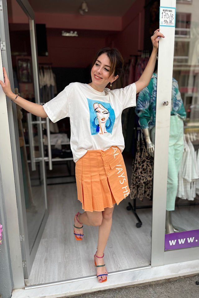 Üç Düğmeli Pileli Etek -Oranj