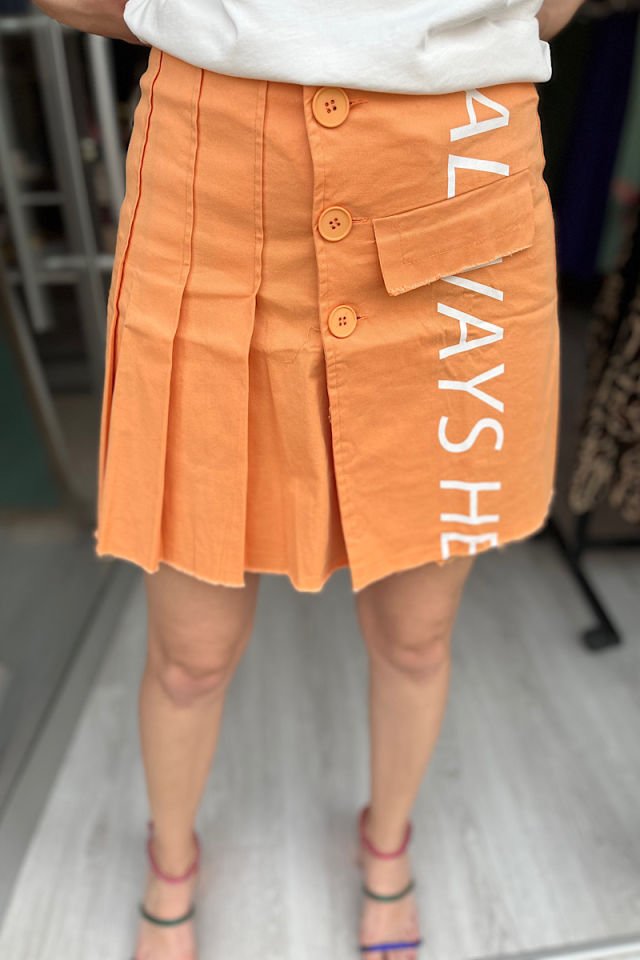Üç Düğmeli Pileli Etek -Oranj