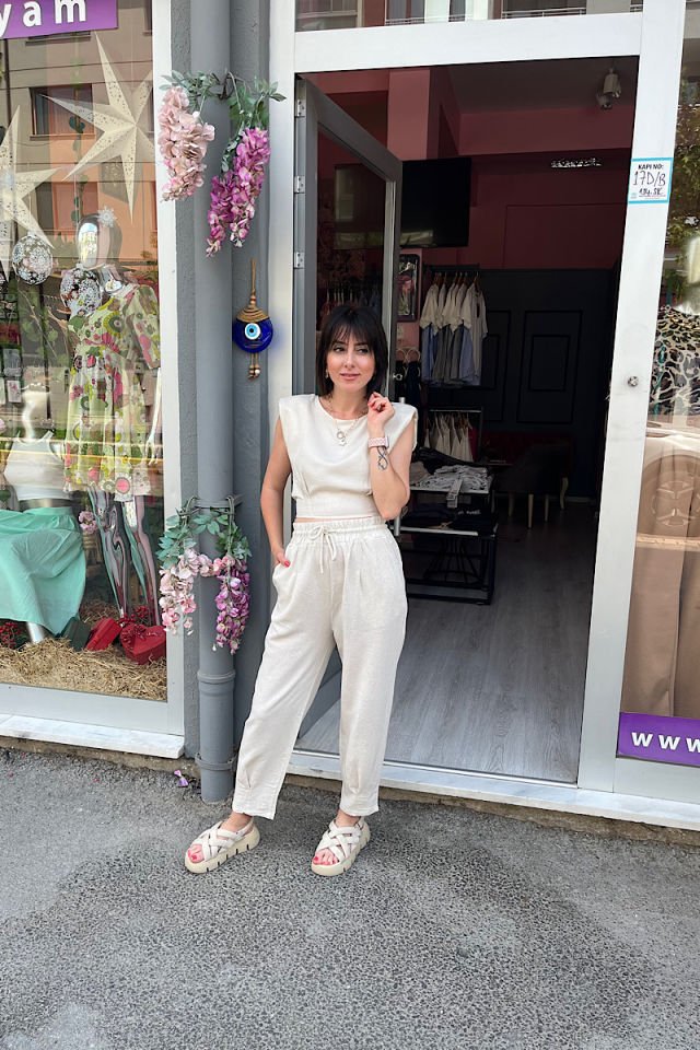 Bileği Pilili Keten Pantolon-Taş