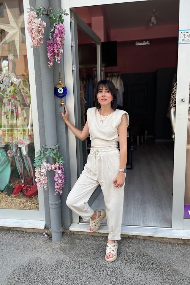 Bileği Pilili Keten Pantolon-Taş