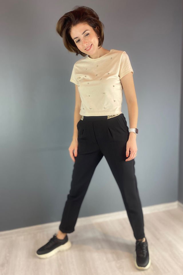 Taşlı Tişört Bej