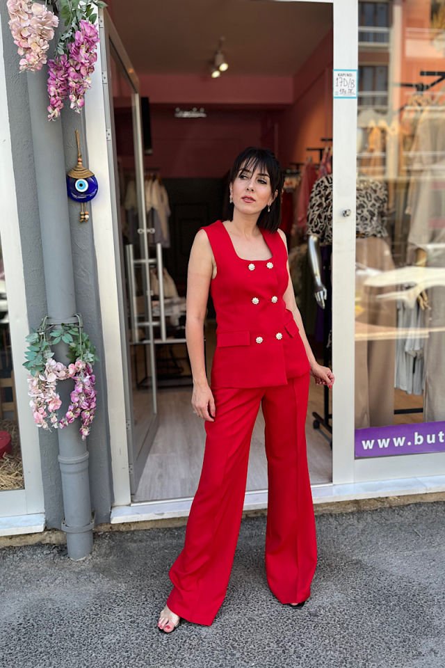 Kare Yaka Yelek Pantolon Takım-Kırmızı