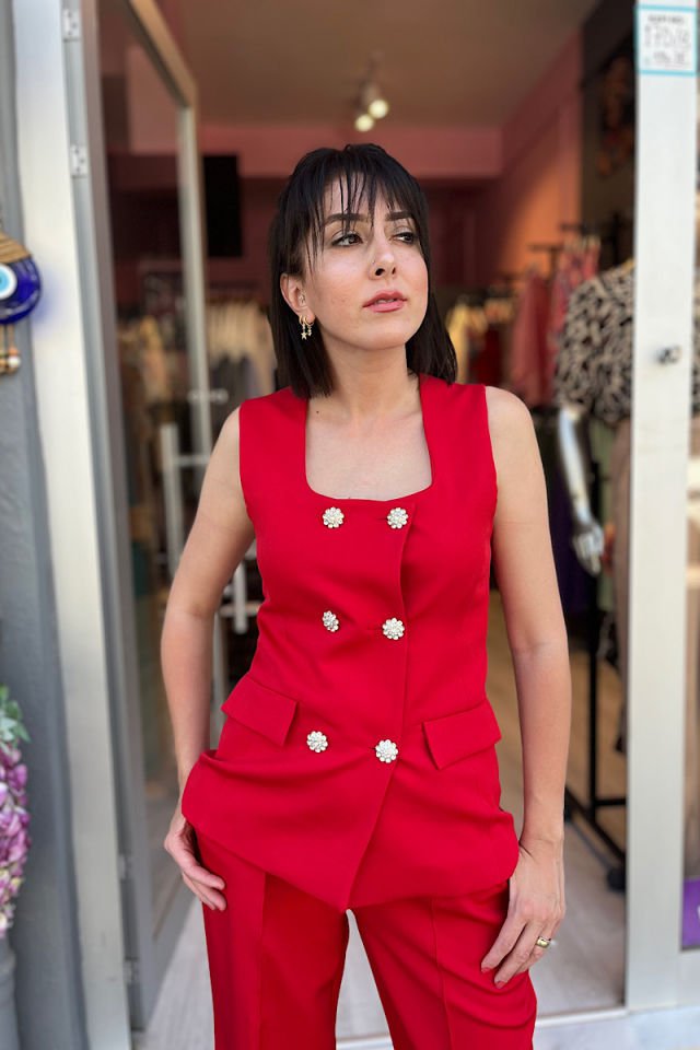 Kare Yaka Yelek Pantolon Takım-Kırmızı