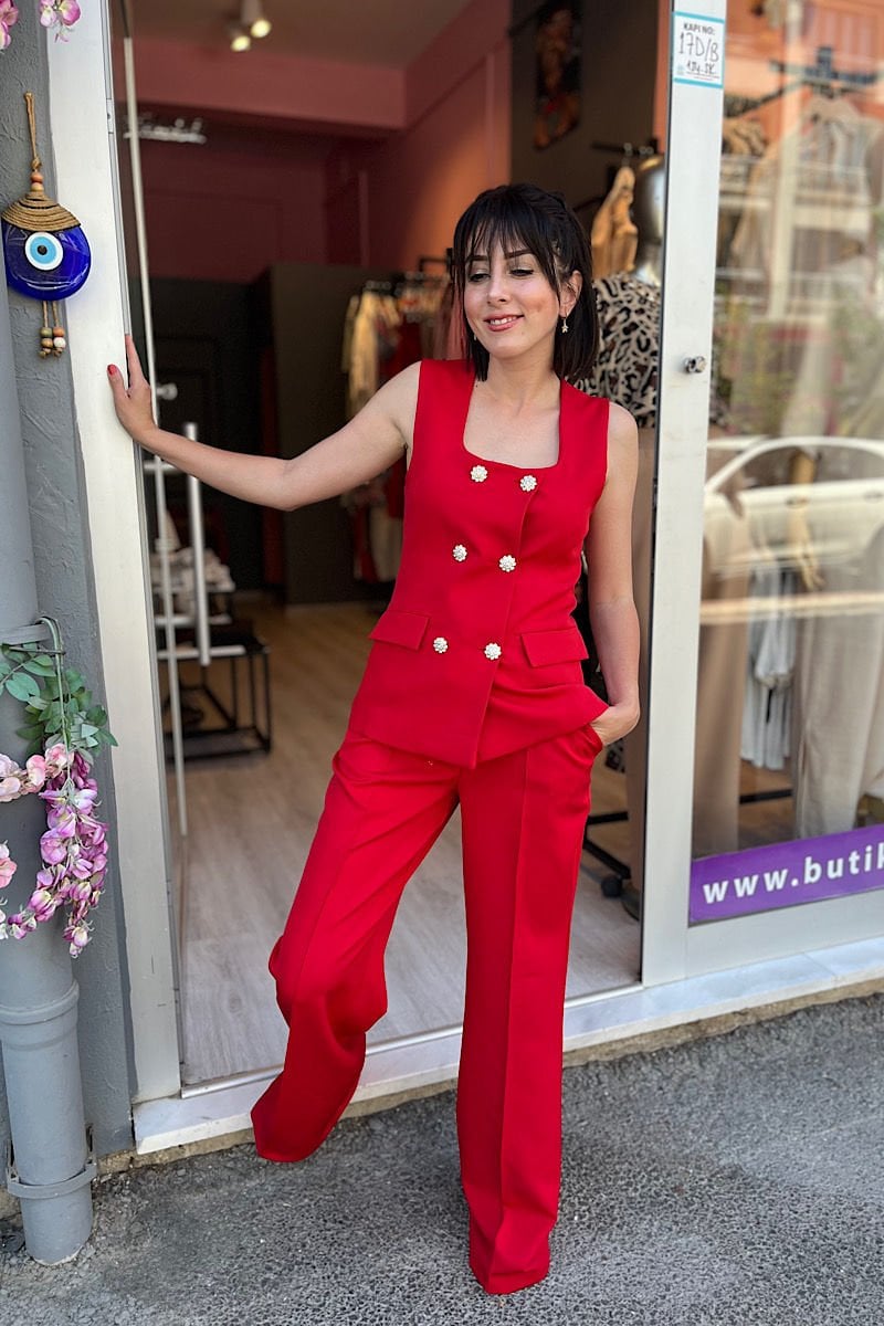 Kare Yaka Yelek Pantolon Takım-Kırmızı