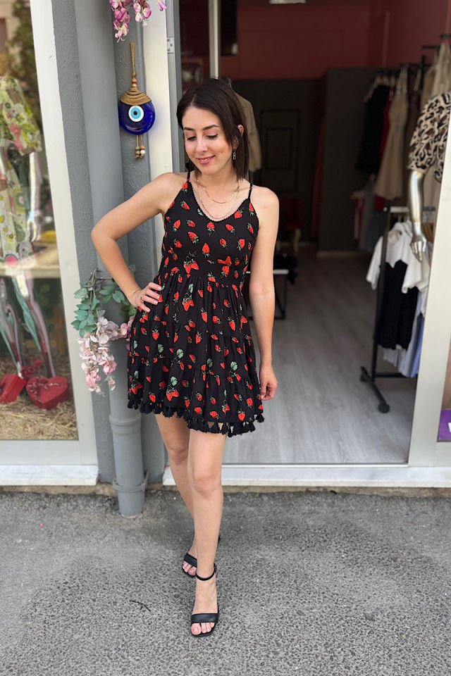 Çilekli Elbise-Siyah