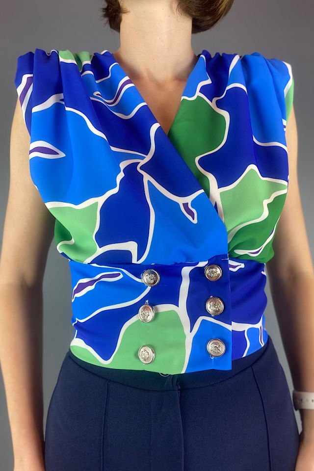 Renkli Düğmeli Bluz -Mavi