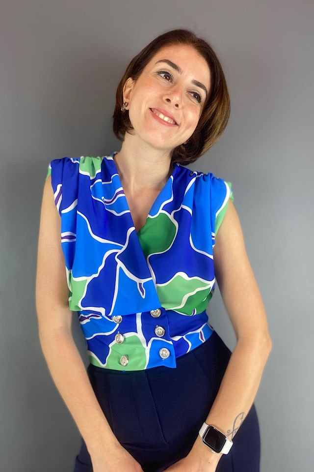 Renkli Düğmeli Bluz -Mavi