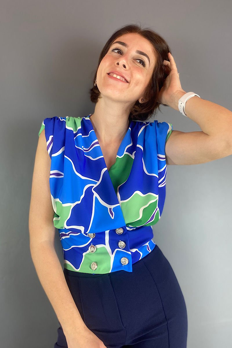 Renkli Düğmeli Bluz -Mavi