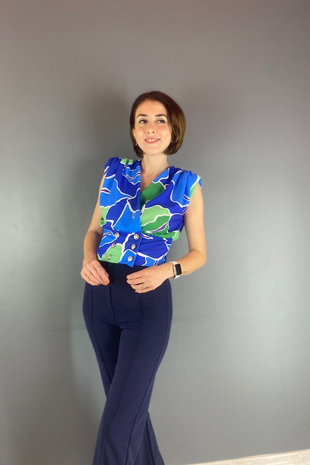 Renkli Düğmeli Bluz -Mavi