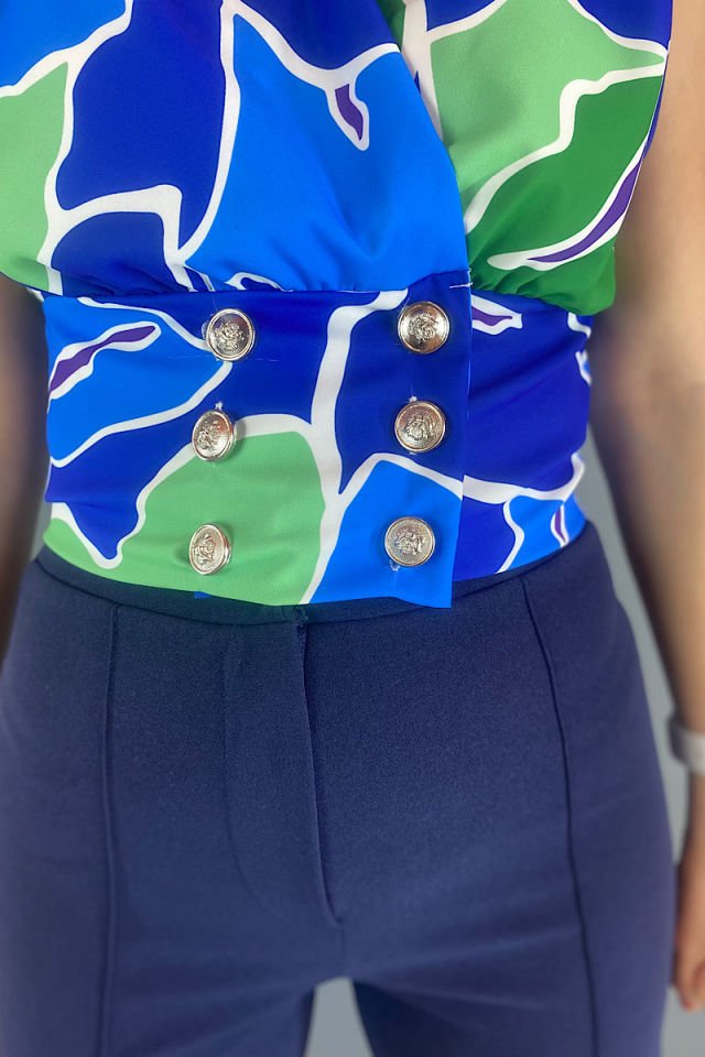 Renkli Düğmeli Bluz -Mavi