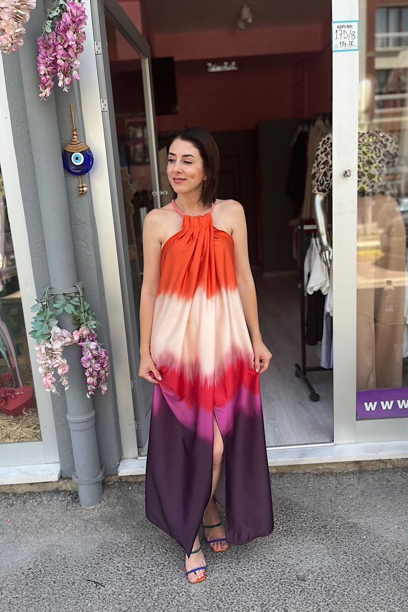 Kolyeli Renkli Saten Elbise