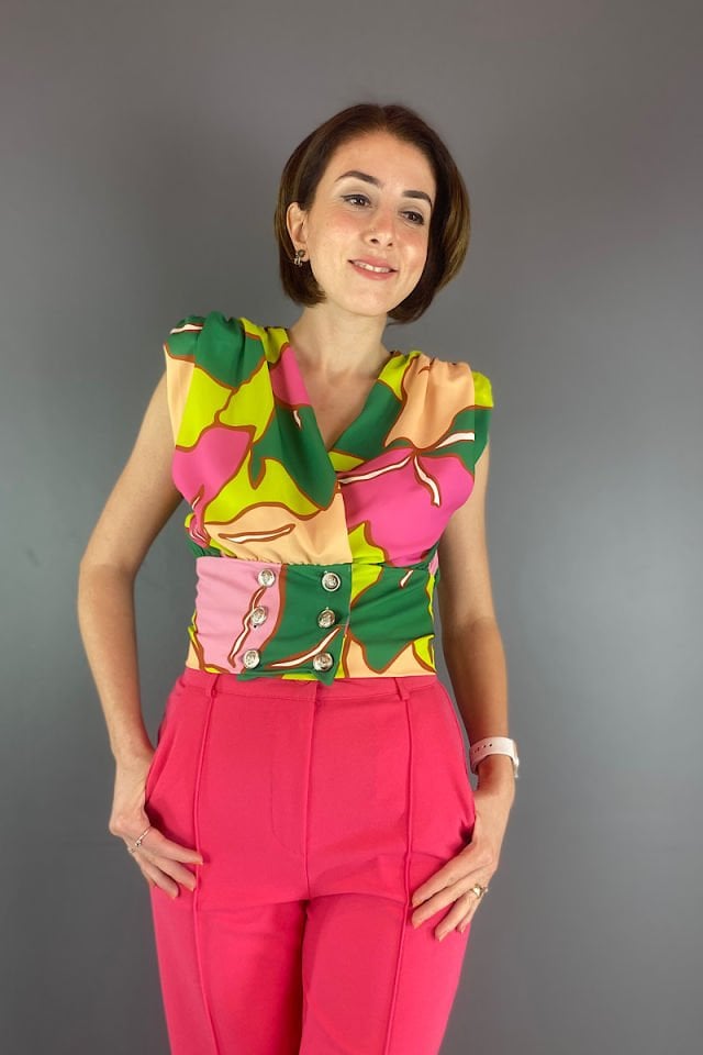 Renkli Düğmeli Bluz-Pembe