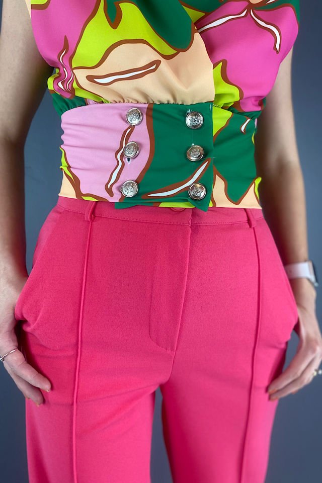 Renkli Düğmeli Bluz-Pembe