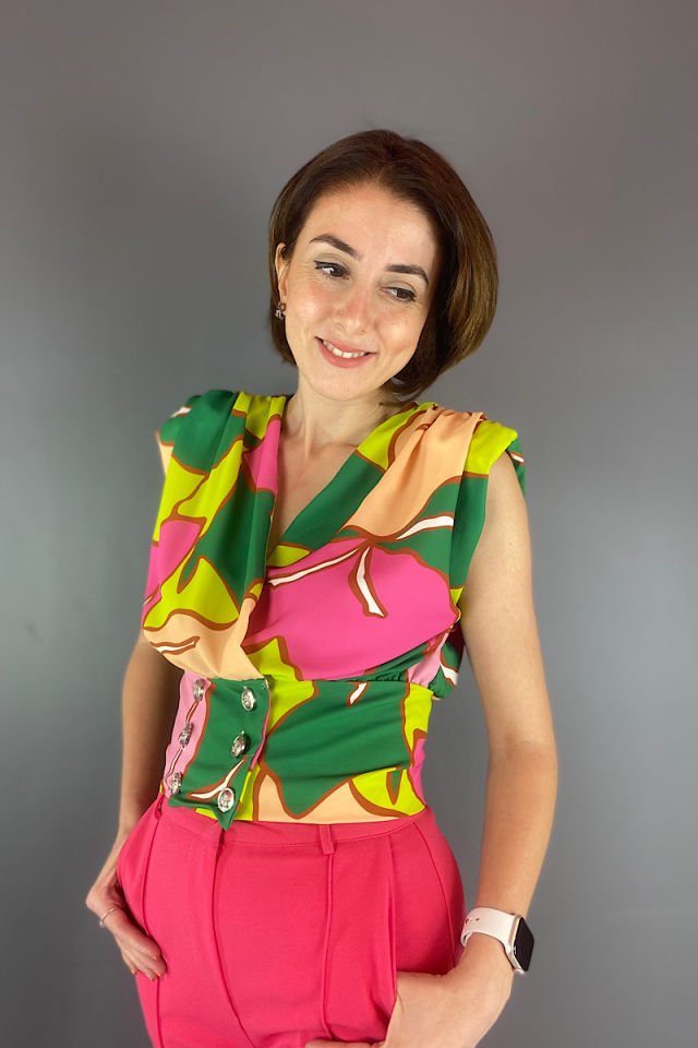 Renkli Düğmeli Bluz-Pembe