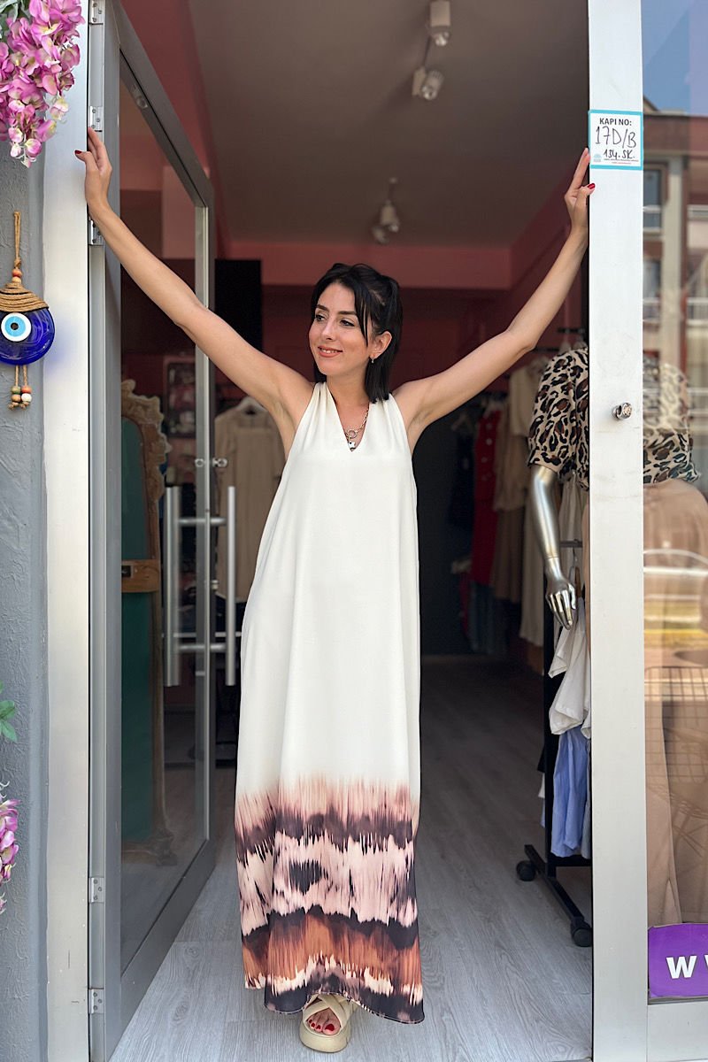 Sulu Desen Marka Model Elbise -Bej