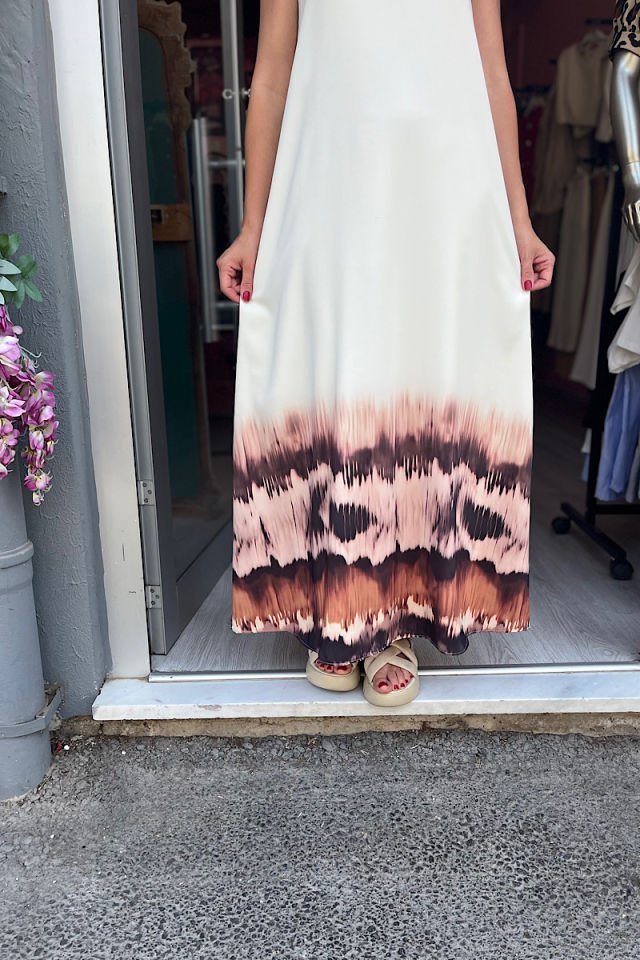 Sulu Desen Marka Model Elbise -Bej