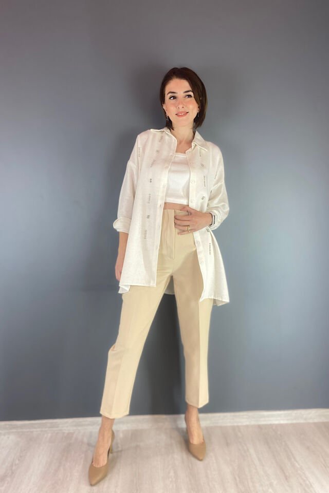 İnci ve Taşlı Keten Gömlek