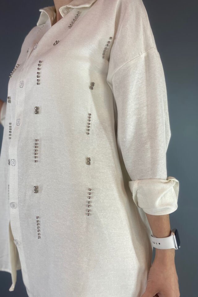İnci ve Taşlı Keten Gömlek