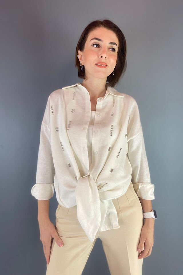 İnci ve Taşlı Keten Gömlek