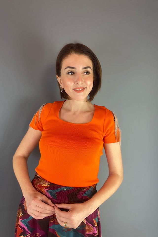 Omuz Zincirli Triko-Turuncu