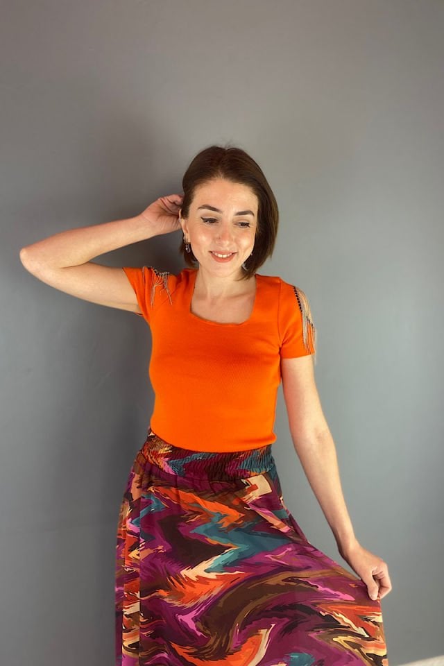 Omuz Zincirli Triko-Turuncu