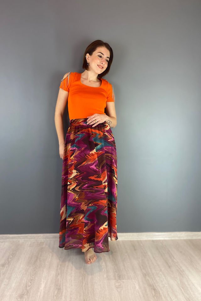 Beli Lastikli Renk Geçişli Maksi Etek