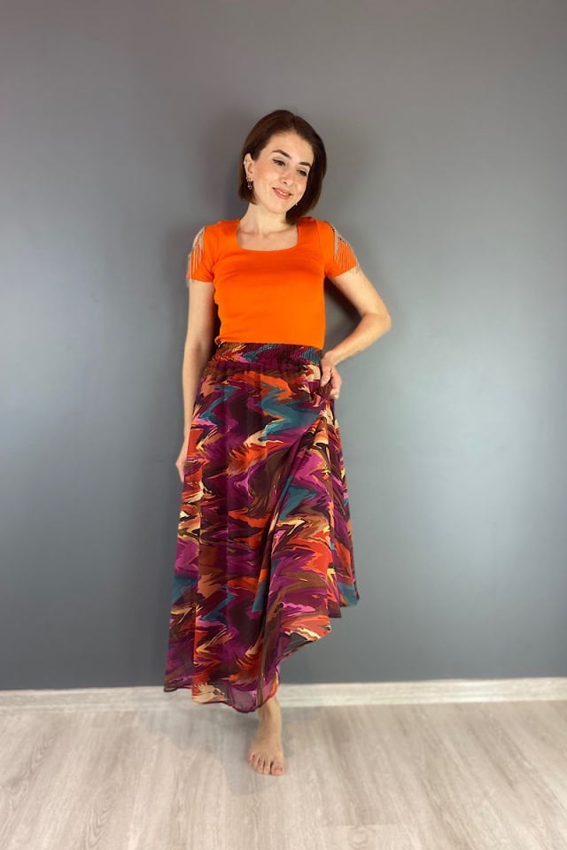 Beli Lastikli Renk Geçişli Maksi Etek