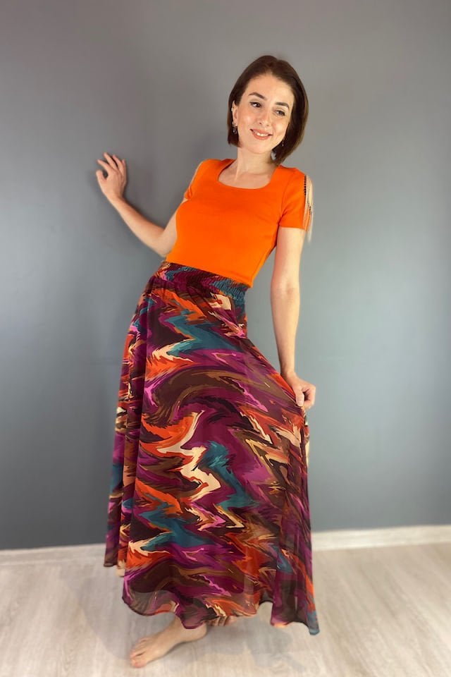 Beli Lastikli Renk Geçişli Maksi Etek