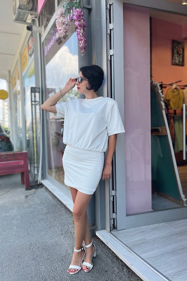 Vatkalı Mini Elbise-Ekru