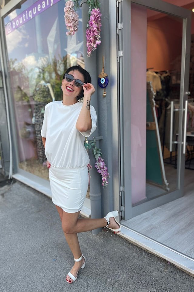 Vatkalı Mini Elbise-Ekru