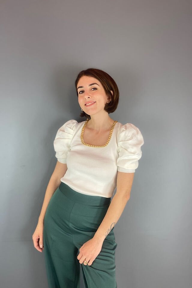 Prenses Kol Yakası Zincirli Triko-Beyaz