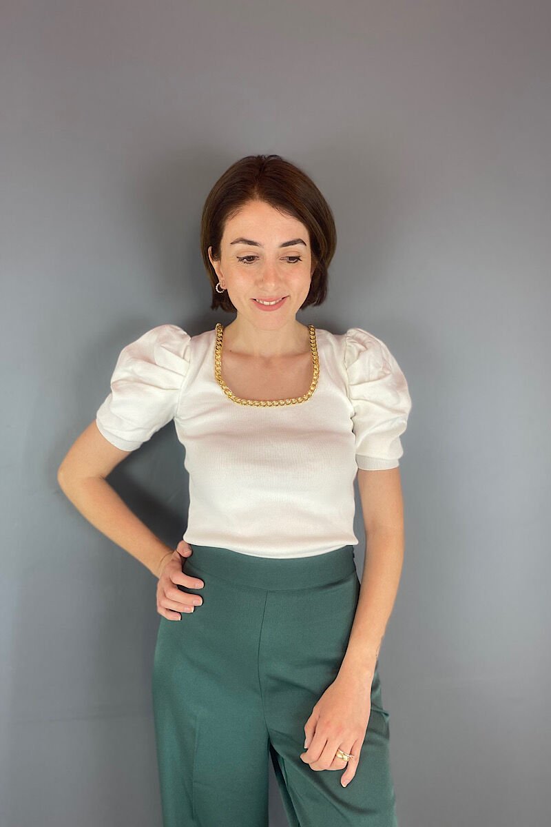 Prenses Kol Yakası Zincirli Triko-Beyaz