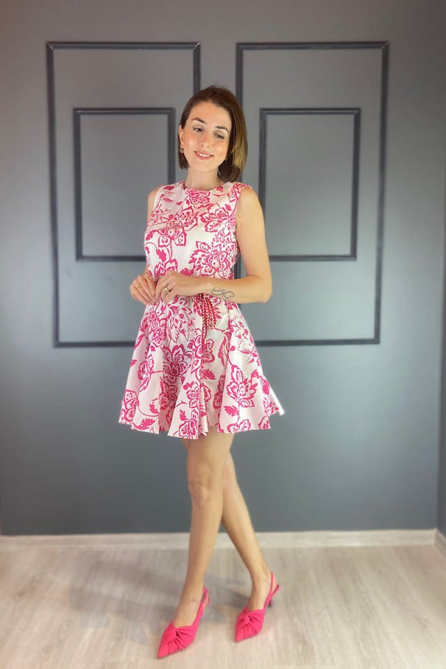 Çiçekli Kolsuz Elbise-Fuşya