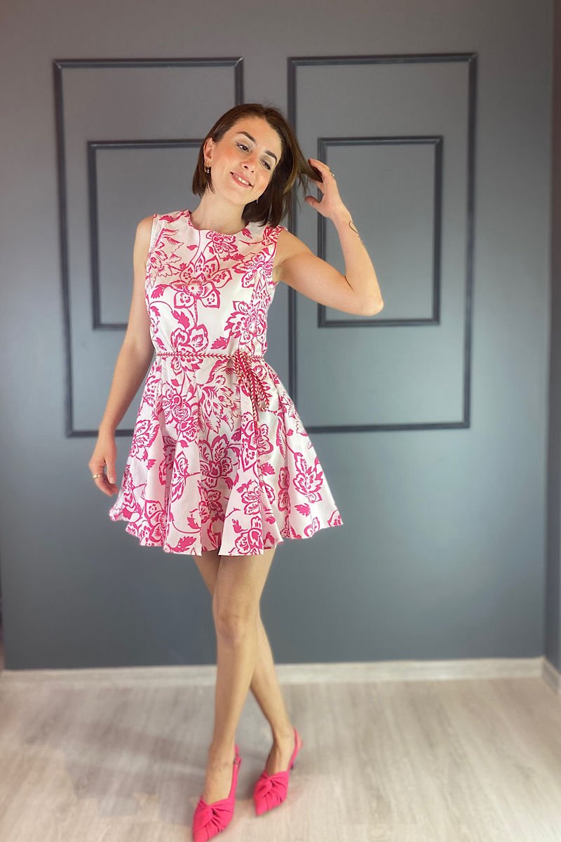 Çiçekli Kolsuz Elbise-Fuşya