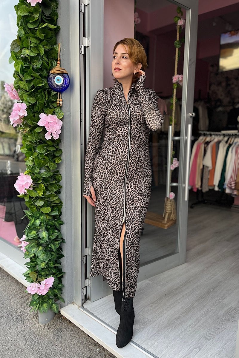 Ottoman Kumaş Fermuarlı Leopar Elbise
