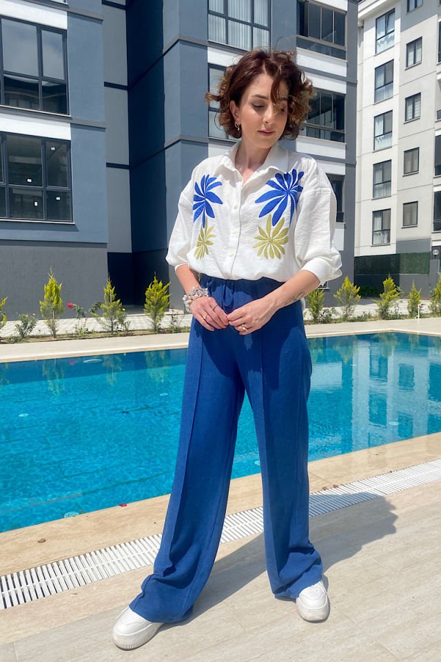 Çımalı Keten Pantolon-Lacivert