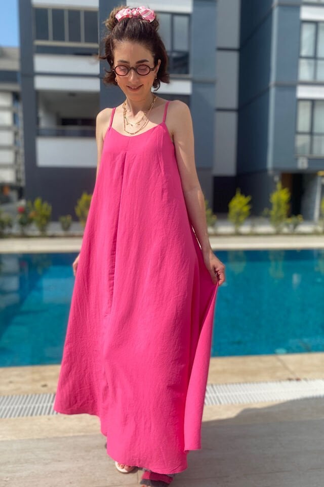 Askıları Ayarlanabilir Elbise-Fuşya