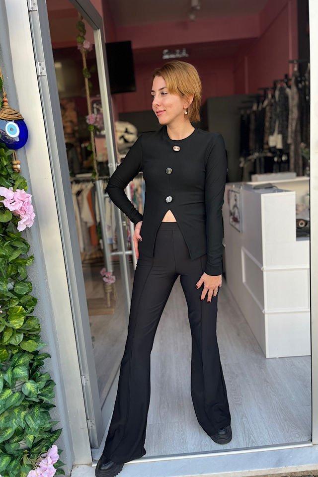 Beli Lastikli Bol Paça Pantolon -Siyah