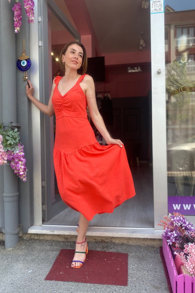 Askılı Elbise -Nar Çiçeği