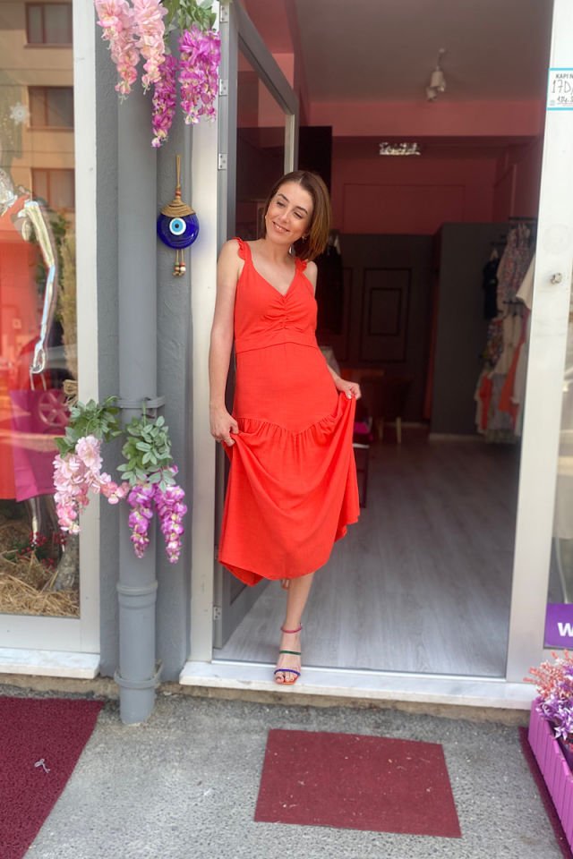 Askılı Elbise -Nar Çiçeği