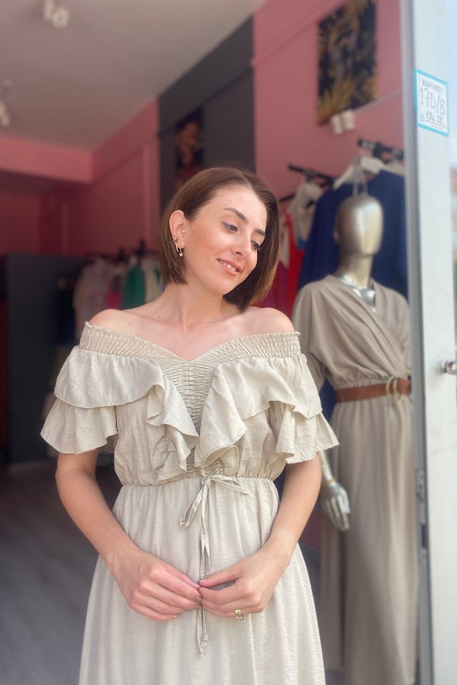 Kolları Volanlı Gipeli Elbise-Taş