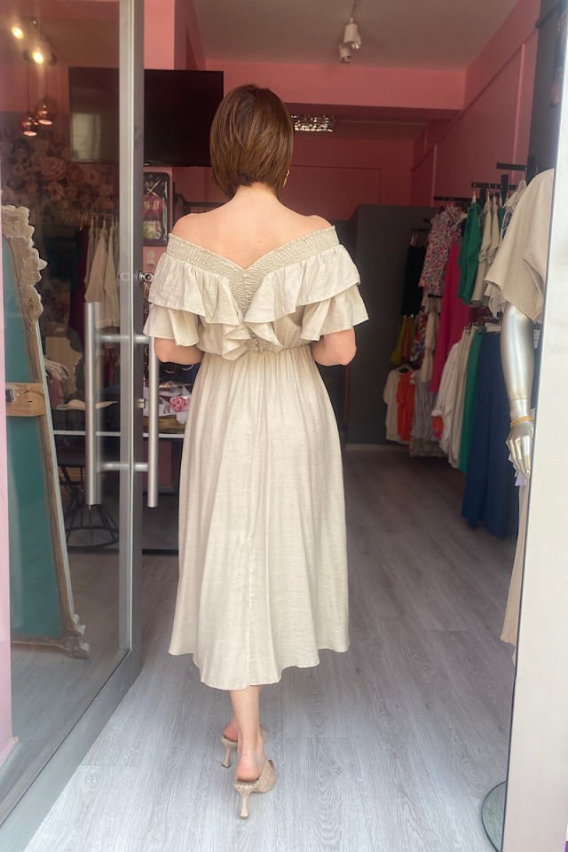 Kolları Volanlı Gipeli Elbise-Taş