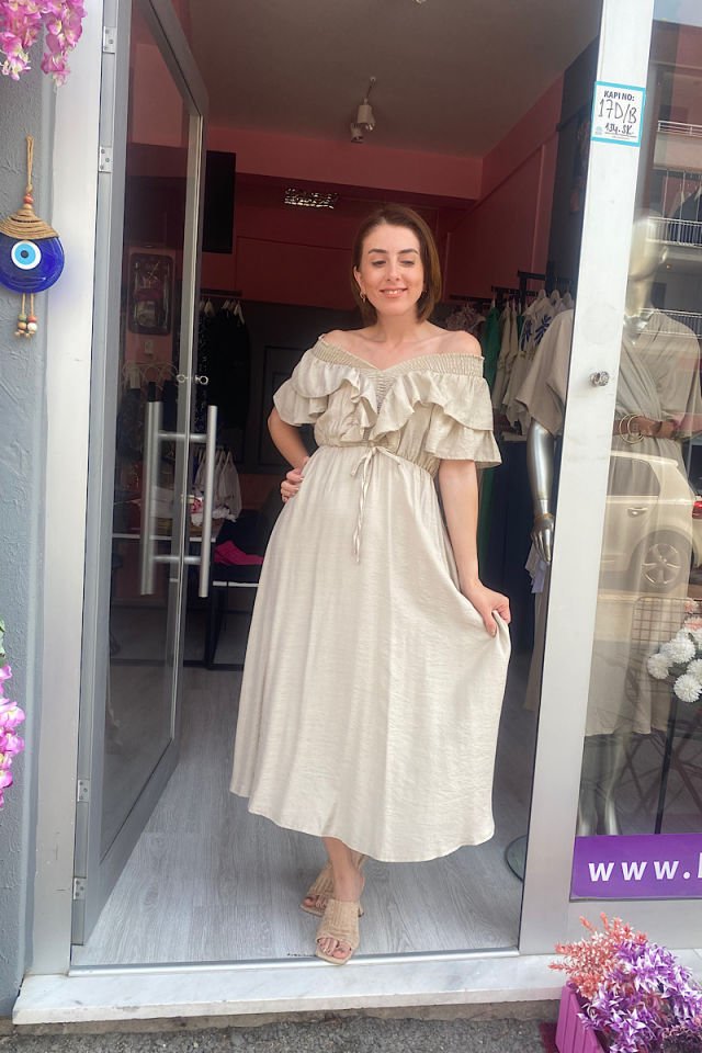 Kolları Volanlı Gipeli Elbise-Taş