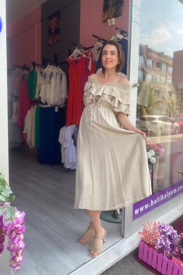 Kolları Volanlı Gipeli Elbise-Taş