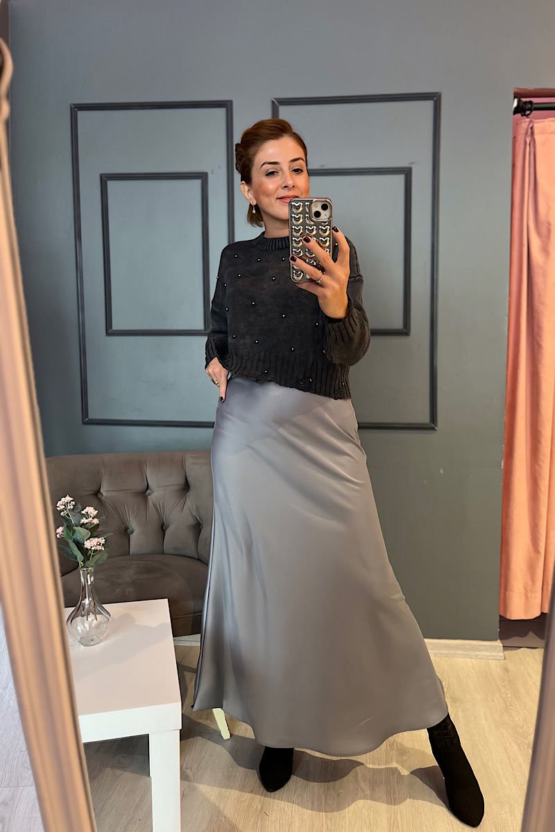 Saten Çan Etek-Gri