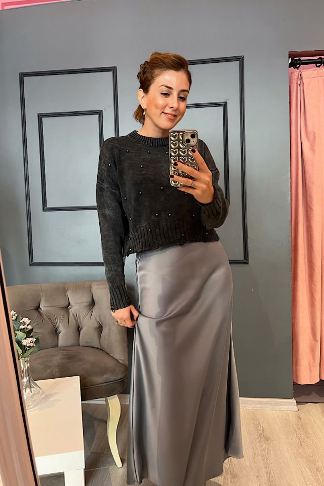 Saten Çan Etek-Gri
