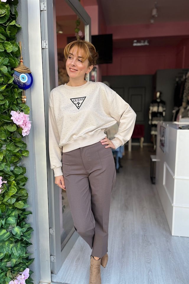 Taşlı Sweatshirt-Bej