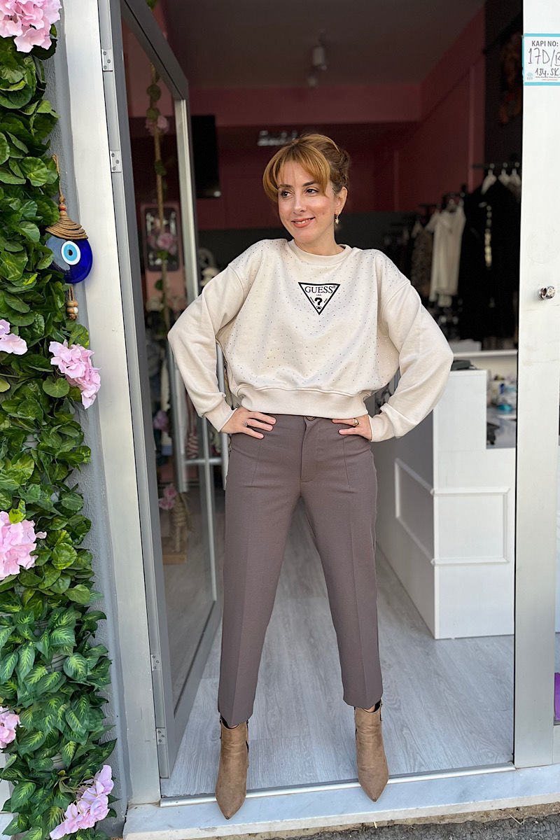 Taşlı Sweatshirt-Bej