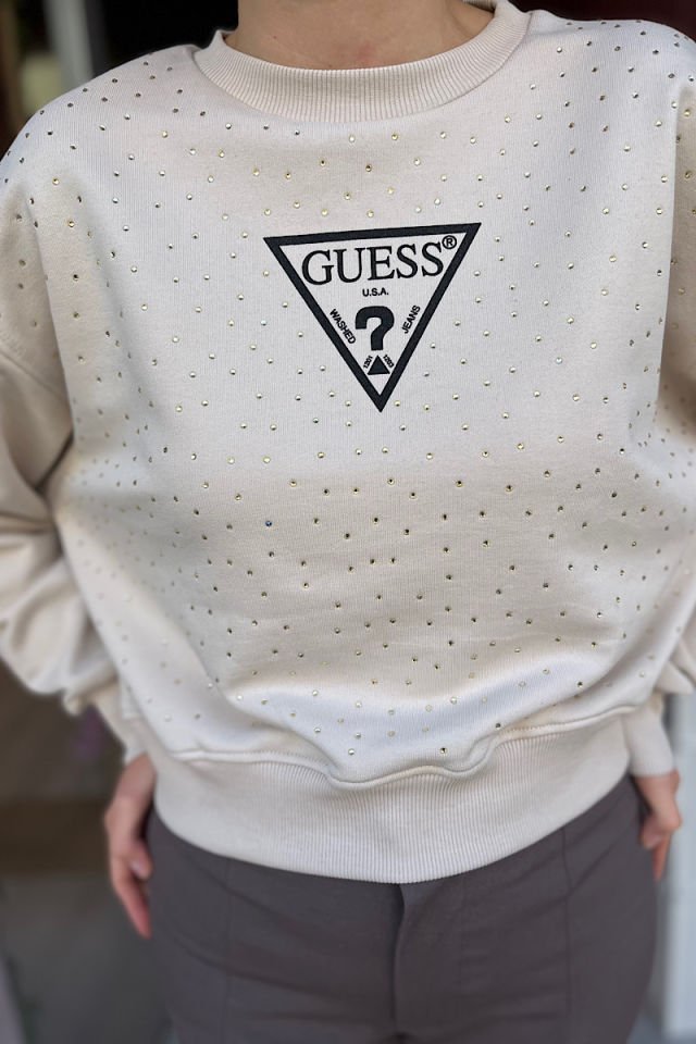 Taşlı Sweatshirt-Bej