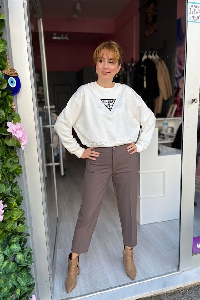 Taşlı Sweatshirt-Ekru